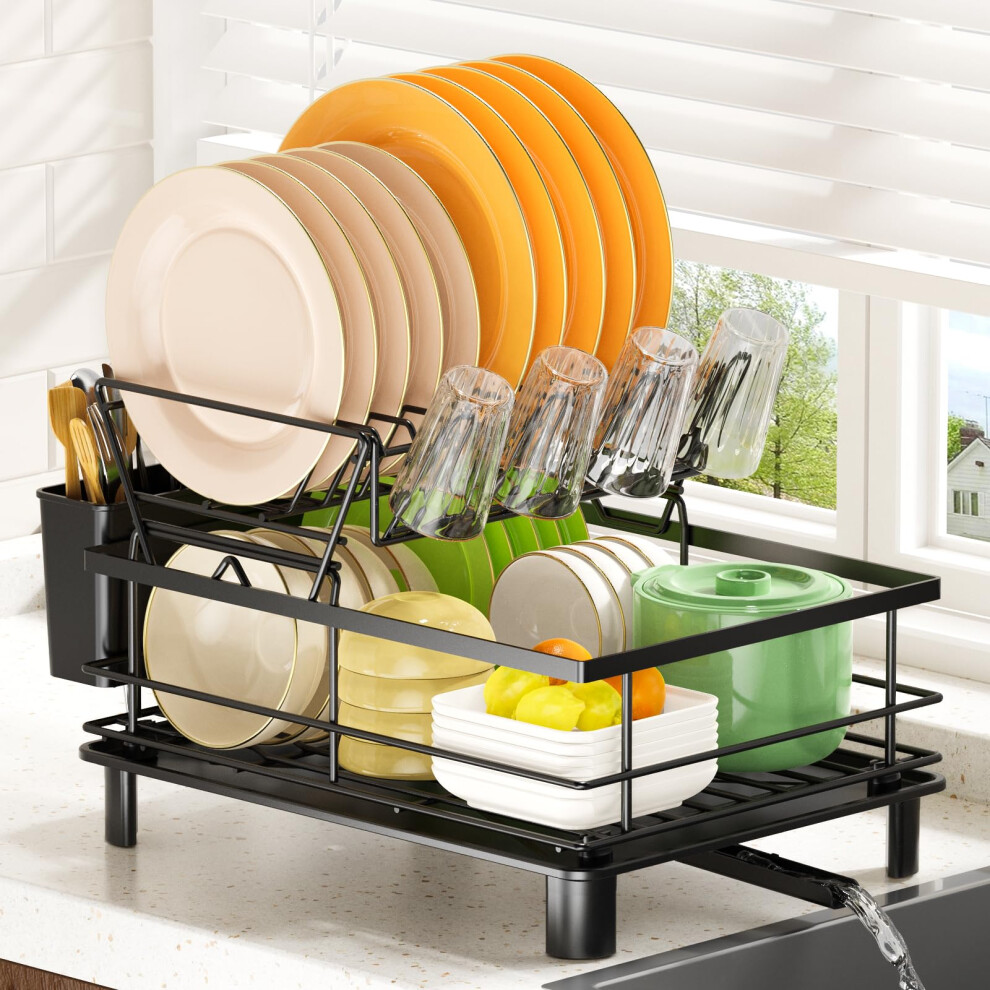 PKBD 2 Tier Dish Drainer Rack,Multifunctional/Detachable Dish Rack with Swivel Drainage Spout,Utensil Holder,Cup Holder,Rust-proof Carbon-image-OPC-PMXTTNB-NEW