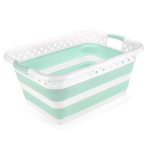 Addis Addis 517934 Foldable Rectangular Laundry Basket, White & Aqua Haze, 45 litre