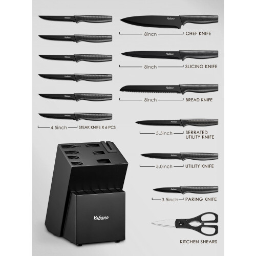 Knife Set, Yabano 14 Pieces Knife Block Set with Built-in Sharpener, Sharp Black Kitchen Knife Set with Block, Dishwasher Safe 1