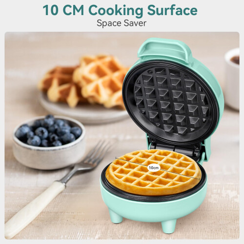 SNAILAR Mini Waffle Maker, 550W Waffle Iron, Ready Indicator Light, Non Stick Coating, Cool Touch Handle, Compact Size, Green 2