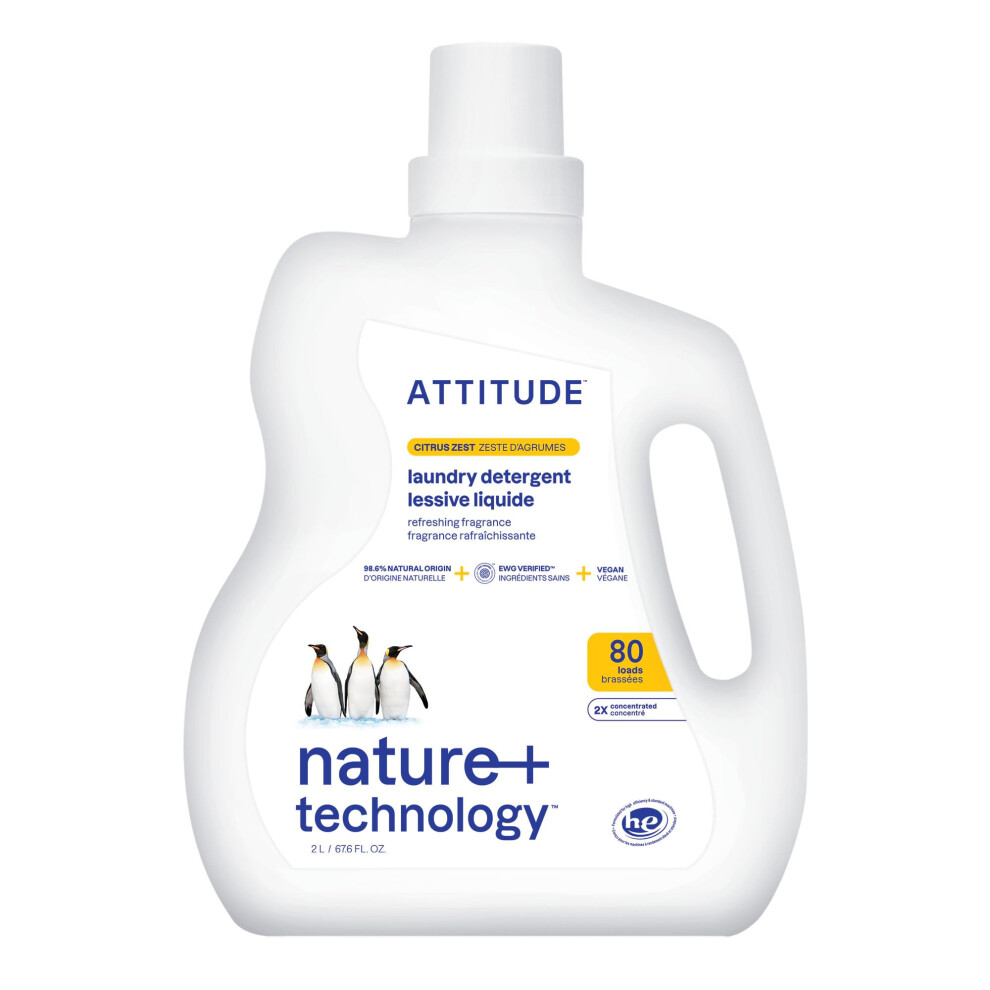 Attitude Liquid Laundry Detergent, Ewg Verified Laundry Soap, He Compatible, Vegan And Plant Based Products, Citrus Zest, 80 Loads, 2 Liters