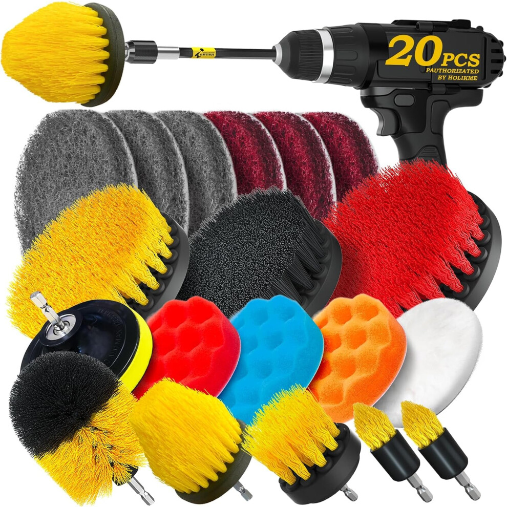 Holikme 20Pack Drill Brush Attachments Set, Scrub Pads & Sponge, Buffing Pads, Power Scrubber Brush With Extend Long Attachment, Car Polishing Pad 8000002086288