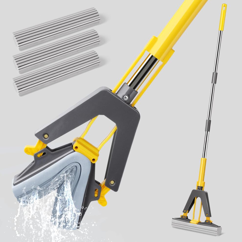 Myiosus Sponge Mop, Pva Sponge Mops For Floor Cleaning With Stainless Steel Handle And 3 Super Absorbent Foam Head, Hands Free Squeeze Mops For 8000002085496