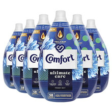 Comfort Ultimate Care Fresh Sky Ultra-Concentrated Fabric Conditioner bottle made of 100% recycled plastic* for complete clothes protection 6x 870 ml