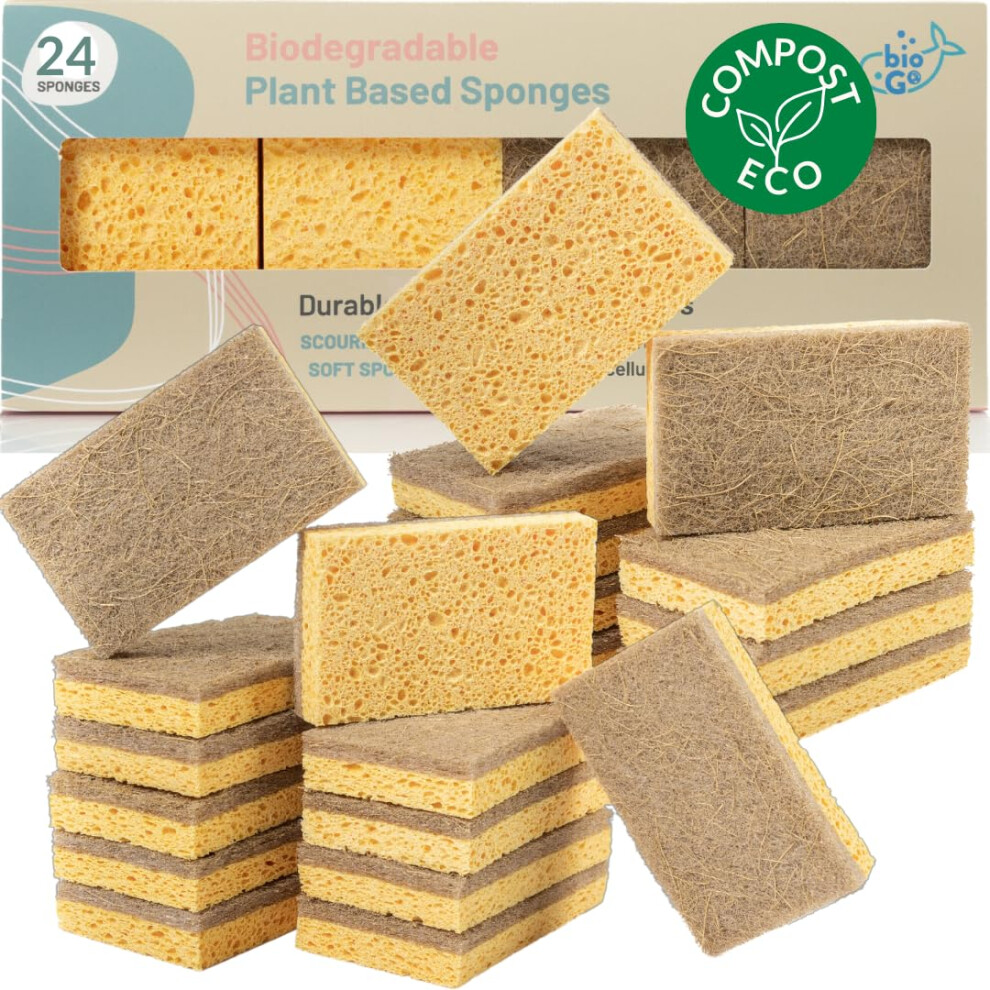 Biogo 24 Pack Biodegradable Kitchen Sponges - Eco-Friendly, Compostable, Natural Cellulose Dish Sponges - Washing Up Sponges - Biodegradable Sponges