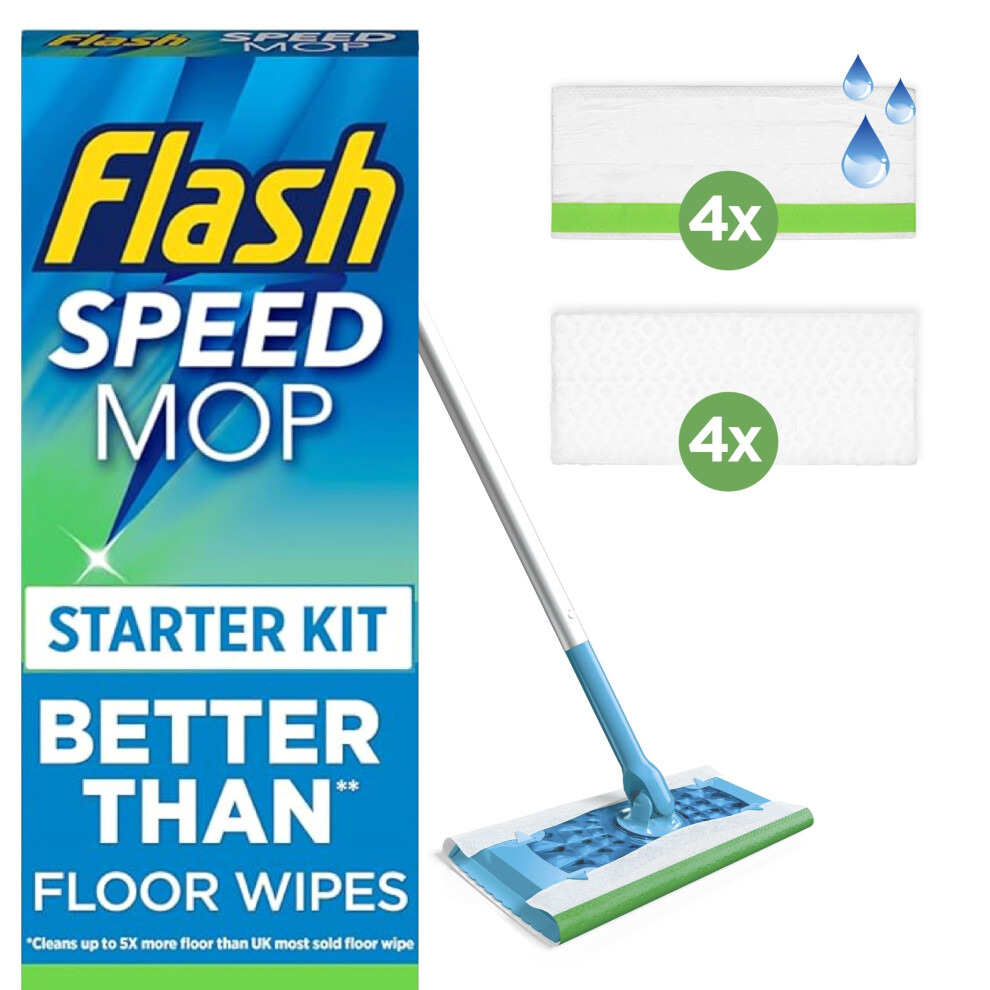 Flash Speedmop Floor Cleaner Starter Kit, Fast Easy & Hygienic (1 Handle + 4 Wet & 4 Dry Refills), Trap & Lock Daily Dirt, Grease & Grime Without