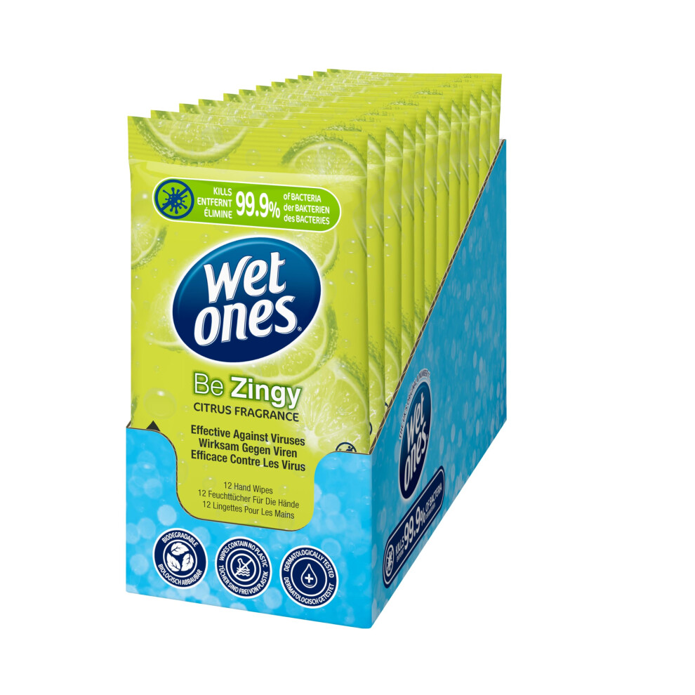 Wet Ones ? Be Zingy ? Plastic Free Antibacterial Pocket Size Hand Wipes - 144 Wipes ? 12 Packs X 12 Wipes