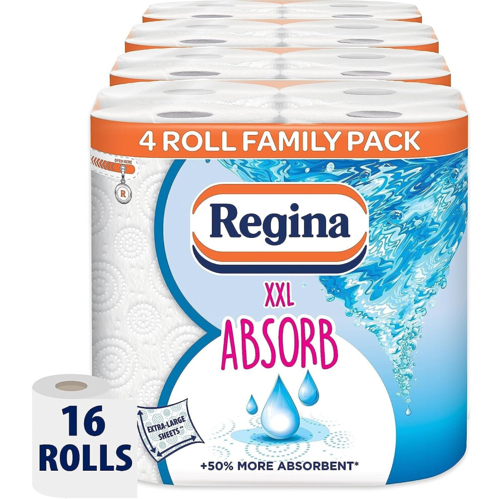 Regina Xxl Absorb Kitchen Towels ? 16 Rolls Per Pack, Super Absorbent 2-Ply Sheets, 75 Extra-Large Sheets Per Roll, 50% More Absorbent Than Previous