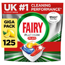 Fairy Platinum Plus All-in-1 Dishwasher Tablets, 125 Pack, Lemon. With anti-dull tech & rinse aid action for a deep clean. Effective in short cycles