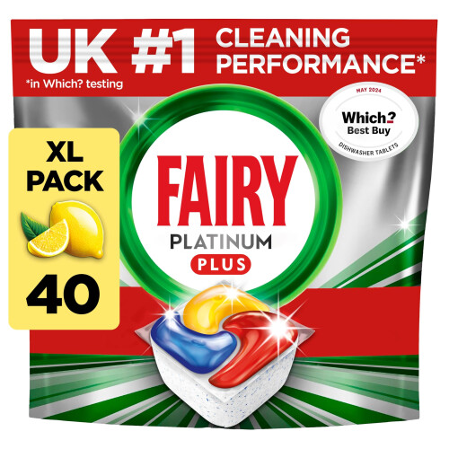 Fairy Fairy Platinum Plus Dishwasher Tablets ? 40 Pack, Lemon, Anti-Dull Technology