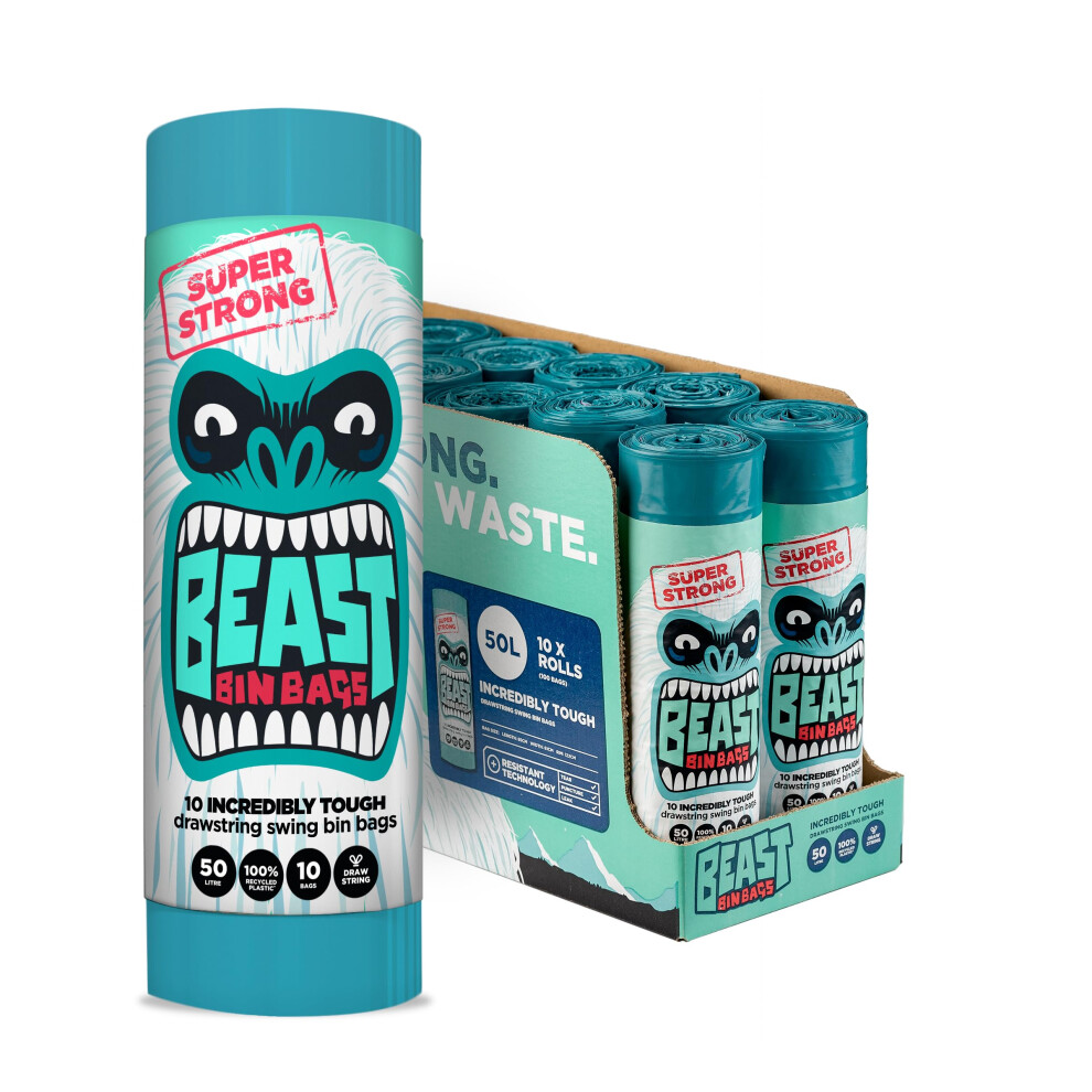 Beast Bin Bags , 10 Rolls Of 10 X 50 Litre Bags (Total 100 Bags) - Made From 100% Recycled Lldpe - Incredibly Strong Drawstring Swing Blue Bin Bags