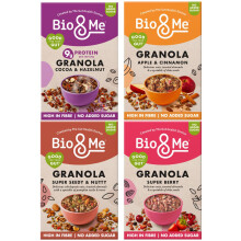 Bio&Me: Granola Variety 4-Pack (4 x 360g) / 4 Flavours: Apple & Cinnamon, Cocoa & Hazelnut, Super Berry, Super Seedy & Nutty/Vegan, No Added Sugar,