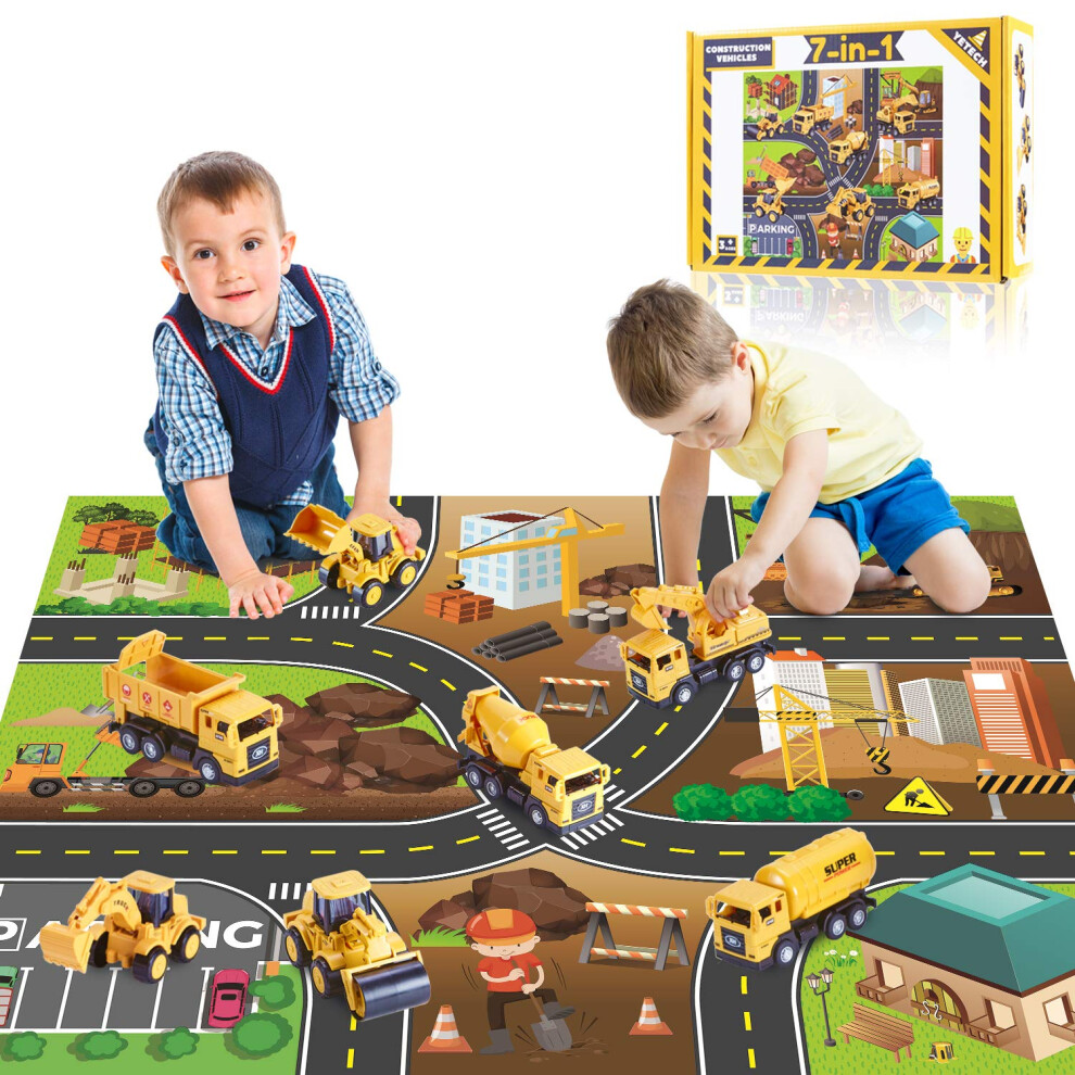 Yetech 7-1N-1 Construction Vehicles Toys Set With Play Mat - 7 Sturdy Engineering Trucks Toys, 27.6 * 31.5Inches Play Mat, Christmas Birthday Gift For