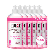 INEOS Next-Gen 2in1 Washing Up Liquid, 3L (500ml x 6), 1000 Sinkfuls, Dishwashing + Handwashing, Plant Powered, Pink Grapefruit + Tangelo, Packaging
