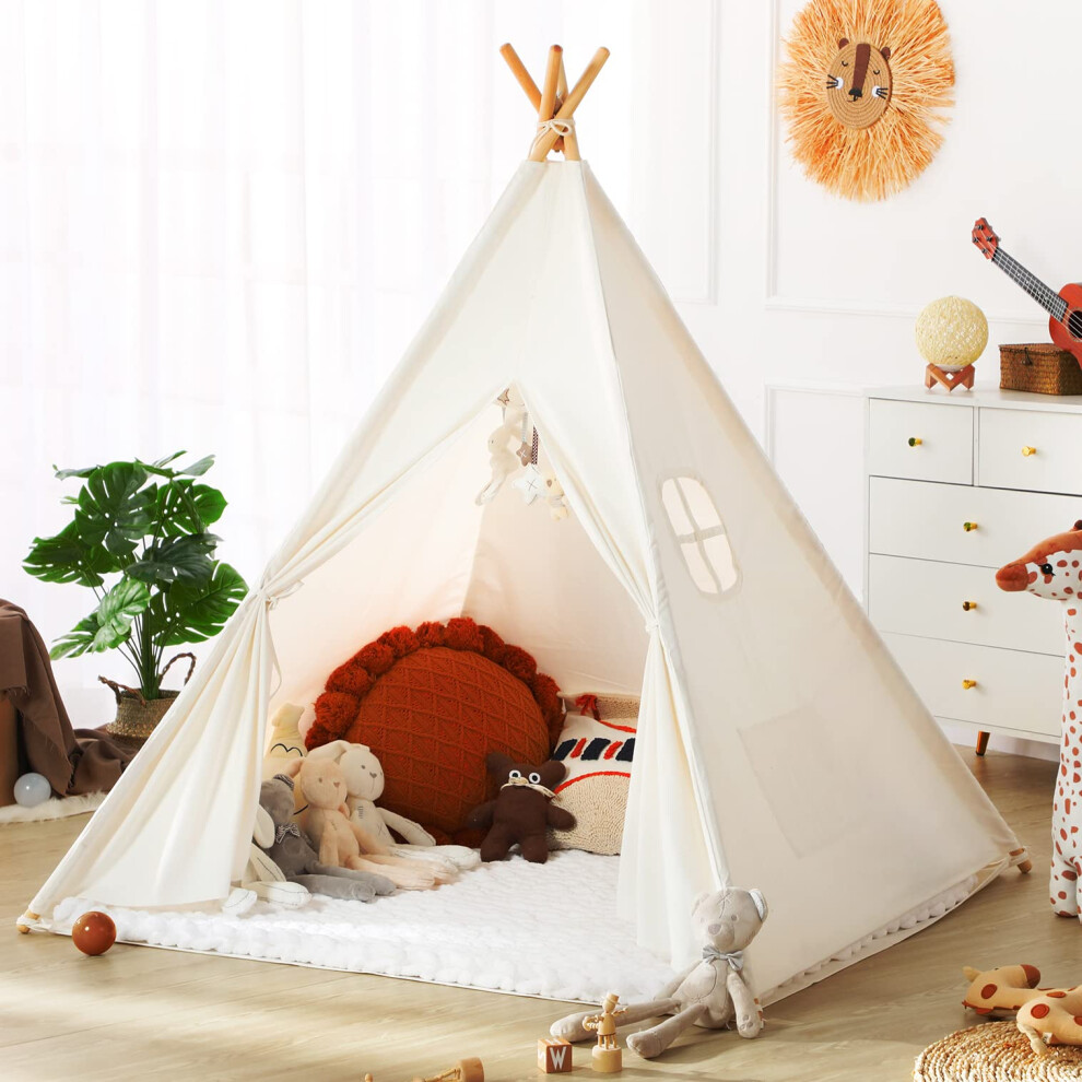 Wilwolfer Teepee Tent for Kids Foldable Children Play Tent for Girl and Boy with Carry Case 4 Poles White Canvas Playhouse Toy for Indoor and Outdoor-image-OPC-PMXV2FC-NEW