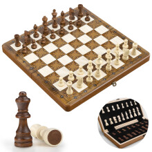 Paome Chess Set for Kids Adults, 12'' Wooden Chess Board, Handmade 32 Chess Pieces & 2 Extra Queen, Folding Travel Chess Set with Storage Slots, Board