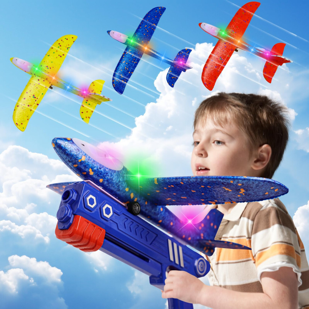 Ideallife 3 Pack Airplane Launcher Toys, Led Throwing Glider Plane, Catapult Aeroplane Toy With Gun, Foam Flying Toy Outdoor Garden Sports Shooting Game,Fun