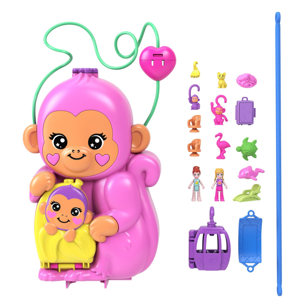 Polly Pocket Dolls & Playset With Pets & 13 Accessories, 2-In-1 Momma Monkey & Baby Wearable Purse & Animal Toy