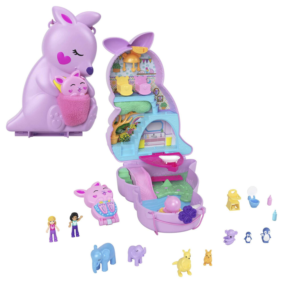 Polly Pocket Mini Toys, Mama And Joey Kangaroo Purse 2-In-1 Compact Playset With 2 Micro Dolls And Accessories, Travel Toys, Hkv50