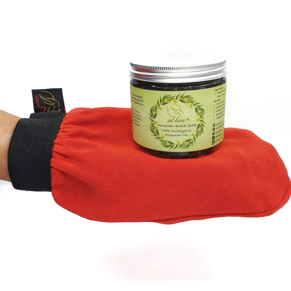 Al Hoor Black Moroccan Olive Soap Infused In Eucalyptus Oil + Kessa Glove - Deep Acne Cleansing & Dead Skin Cells Remover