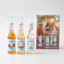 MONIN Premium Sugar Free, Gift Set, 3 x 25cl sugar free coffee syrups including 3 pumps; 1 x Caramel; 1 x Vanilla; 1 x Hazelnut; Hot or Iced beverages