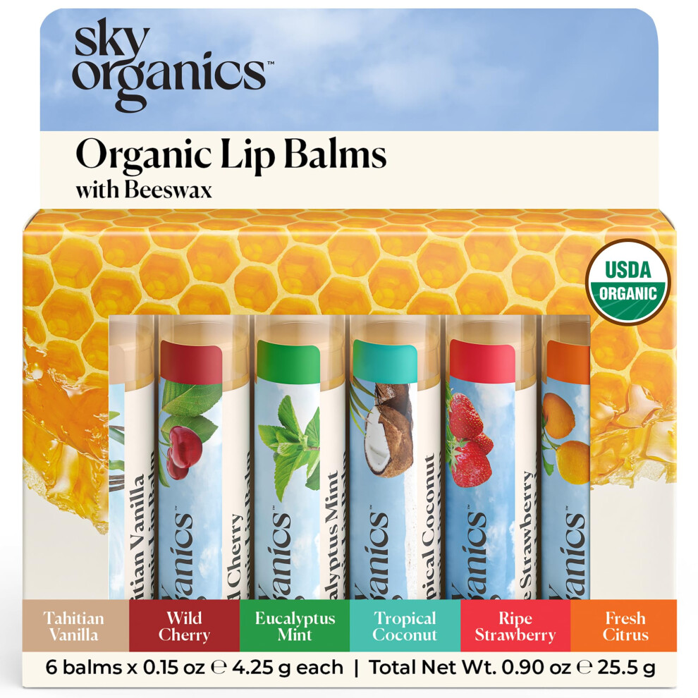 Sky Organics Organic Beeswax Lip Balms For Lips, Usda Certified Organic, Six Assorted Flavors To Moisturize, Soothe & Soften, 6Pk.