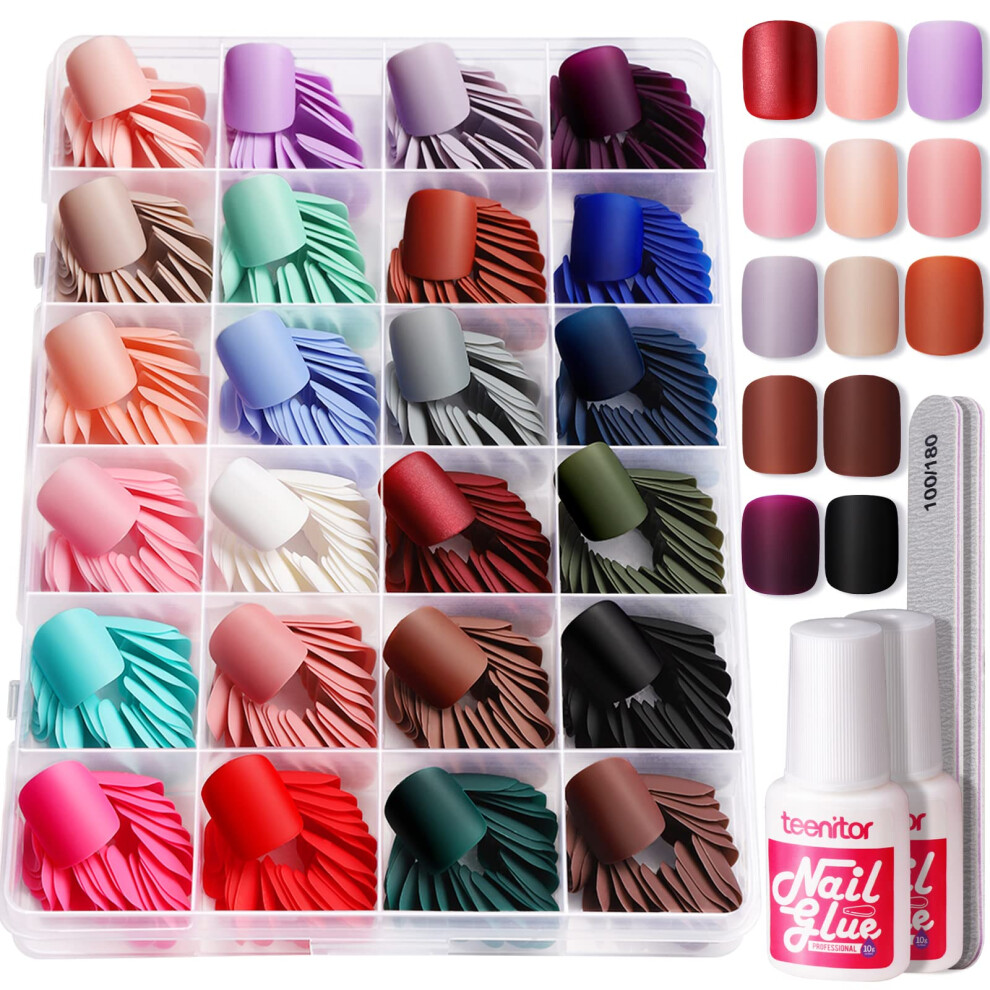 Teenitor Short Square Press On Nails, 576Pcs Matte Short Fake Nails With Nail Glue, 24 Colors