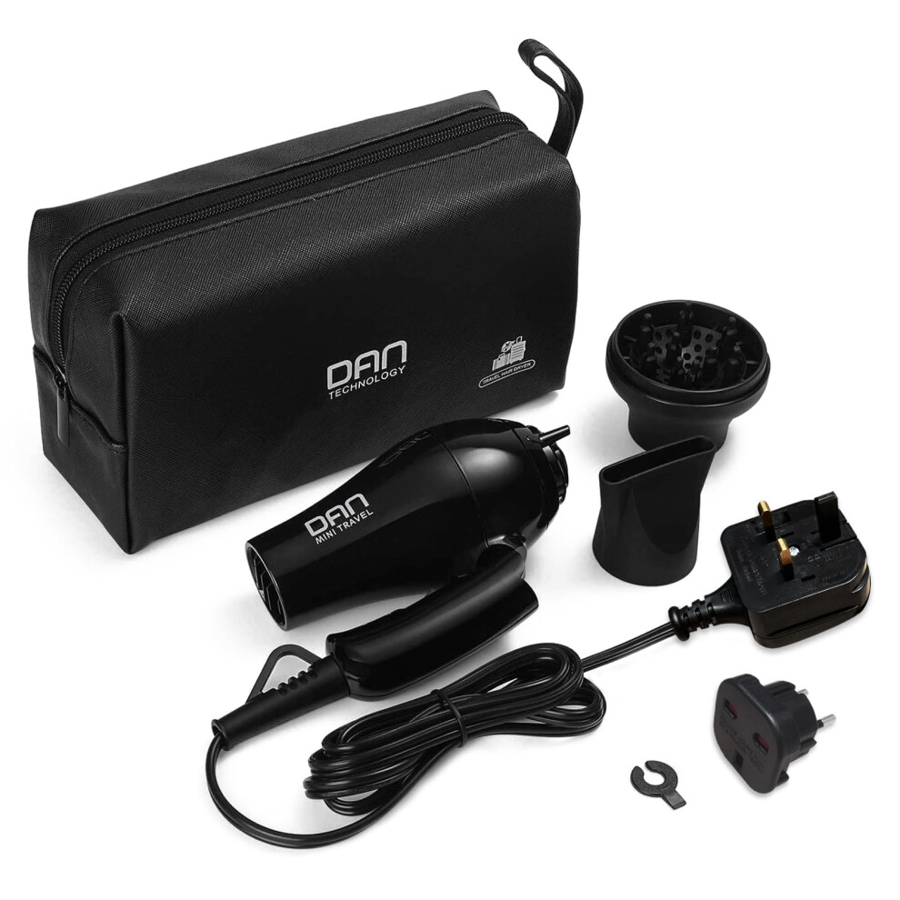 Dan Technology Travel Hair Dryer 1000W Dual Voltage Blow With Plug Adaptor And Storage Bag Mini Hairdryer Folding Handle Small Concentrator & Diffuser