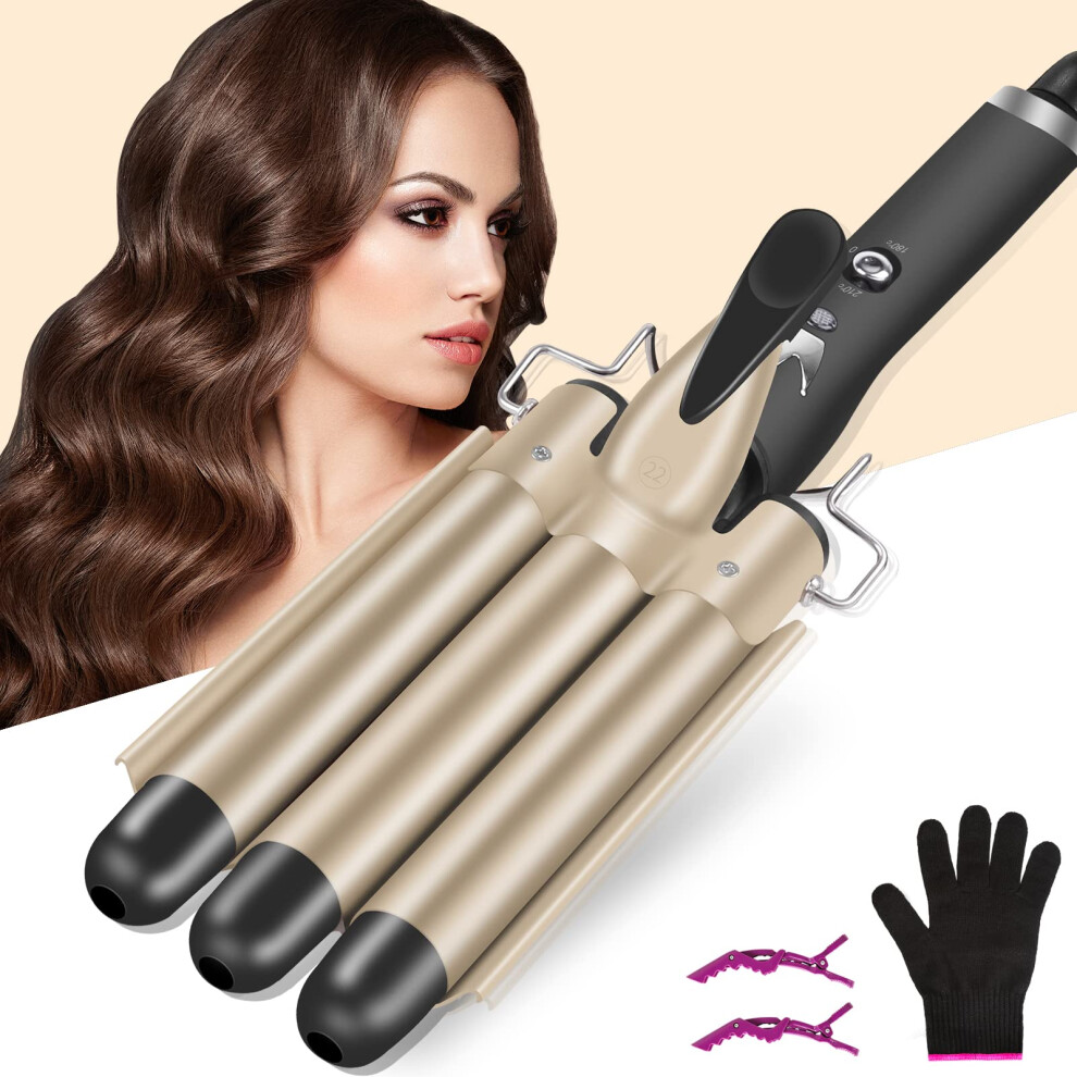 Hilifexll Hair Curler 22Mm, 3 Barrel Hair Waver For Long Hair 20S Quick Heating,Curling Wand With 2 Temperature Control,Mermaid Hair Waver Styling