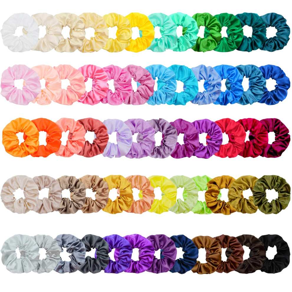 Chloven Unisex 60 Pack Silk Large Satin Hair Scrunchies - Elastic Hair Bobbles Ponytail Holder Hair Scrunchy Vintage Hair Ties Curly Hair Accessories
