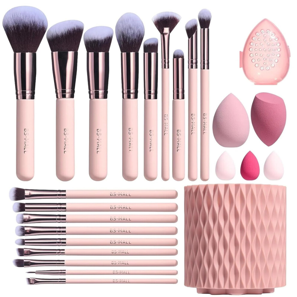 Bs-Mall Pink Makeup Brushes Premium Synthetic Foundation Powder Concealers Eye Shadows 18 Pcs Brush Set With 5 Sponge & Holder Sponge Case (A-)