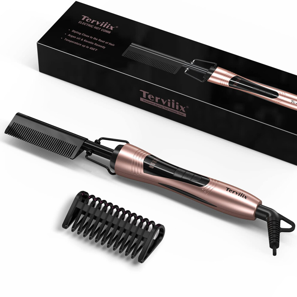 Terviiix Black Hot Comb Electric, Hot Comb For Wigs, Afro Hair & Beard, Anti-Scald Straightening Comb With Keratin & Argan Oil Infused Teeth, Temperatures