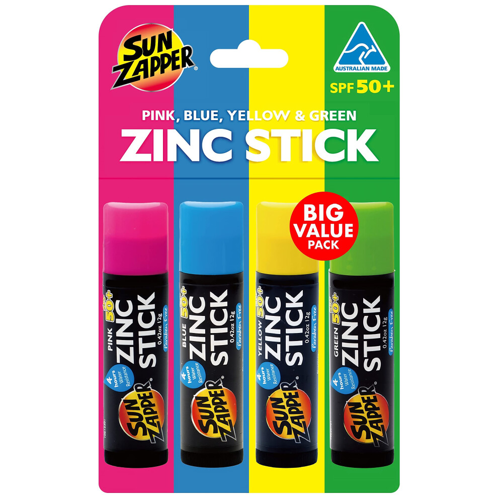 Sun Zapper Zinc Stick - Pink, Blue, Green, Yellow Face Sunblock Rainbow 4-Pack Spf50+ Coloured Zinc Sunscreen Sticks Made In Australia
