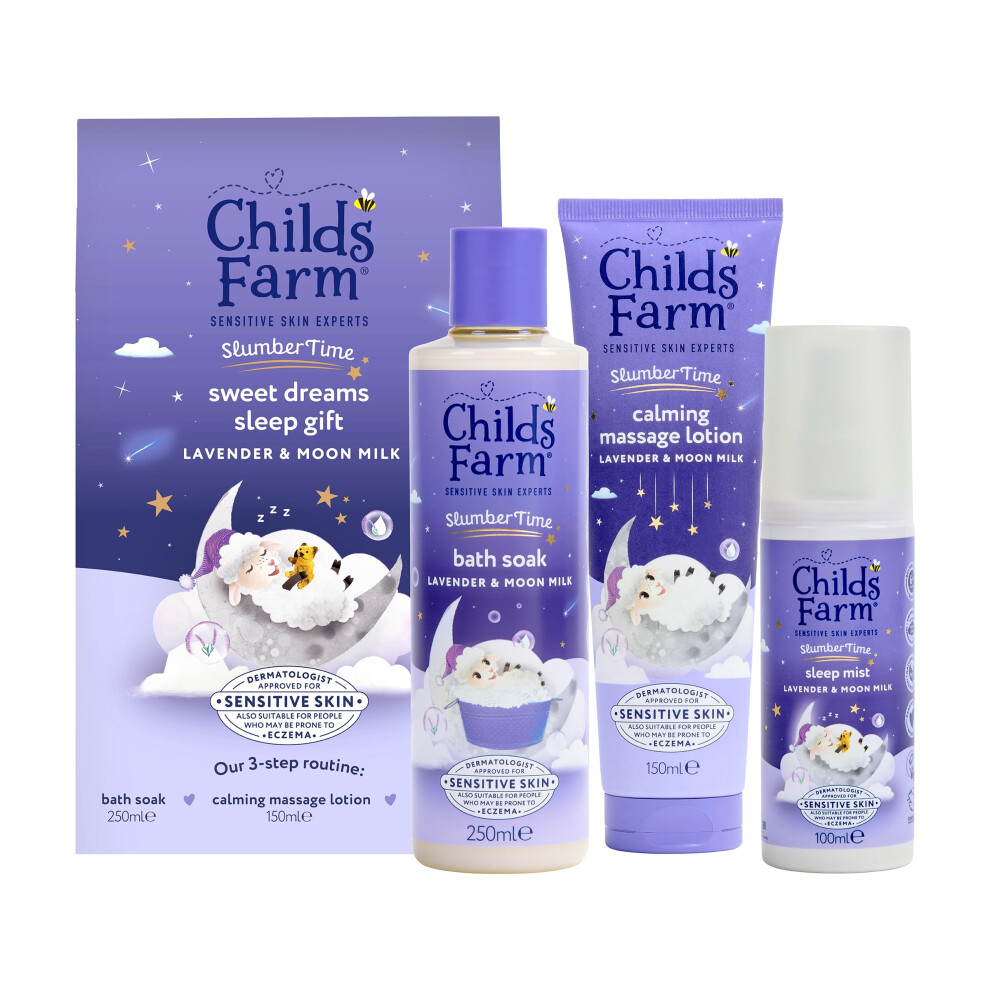 Childs Farm Slumbertime Sweet Dreams Sleep Gift Set | 3-Step Sleep Routine | Lavender & Moon Milk Bath Soak 250Ml, Calming Massage Lotion 150Ml, Sleep