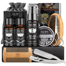 ISNER MILE Beard Grooming Kit for Men, Fathers Gifts for Dad Men Him Husband Boyfriend, with Beard Shampoo Wash, Oil, Balm, Trimming Set Include