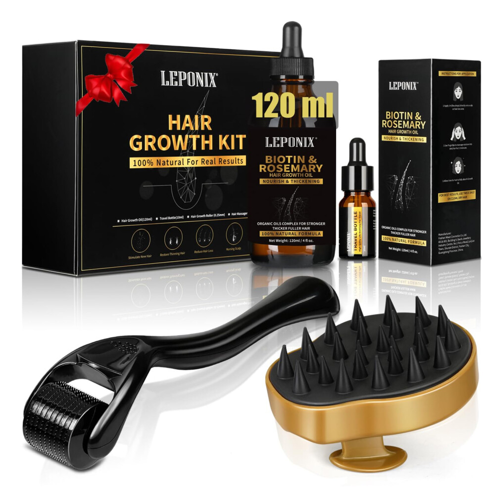 Leponix Rosemary Oil For Hair Growth, 120Ml Diluted Rosemary Oil Hair Growth Serum With Derma Roller & Scalp Massager Hair Thickening Products Hair Loss