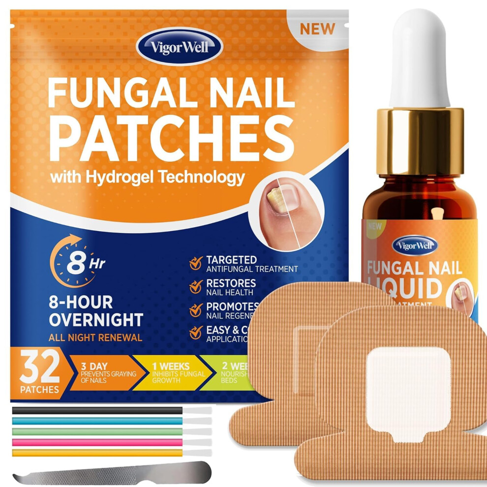Vigorwell Toenail Fungus Treatment Extra Strength - Restoring Damaged Nails Overnight Toenail Renewal Treatment Patches & Liquid Set (32Patches+15Ml)