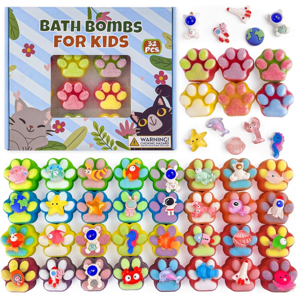 Pickmora 32Pcs Bath Bomb For Kids, Paw Bath Bombs With Surprise Sea Animal & Space Astronauts Toy Inside, Organic Natural Bubble Bath Bombs With Gift Tin Box,