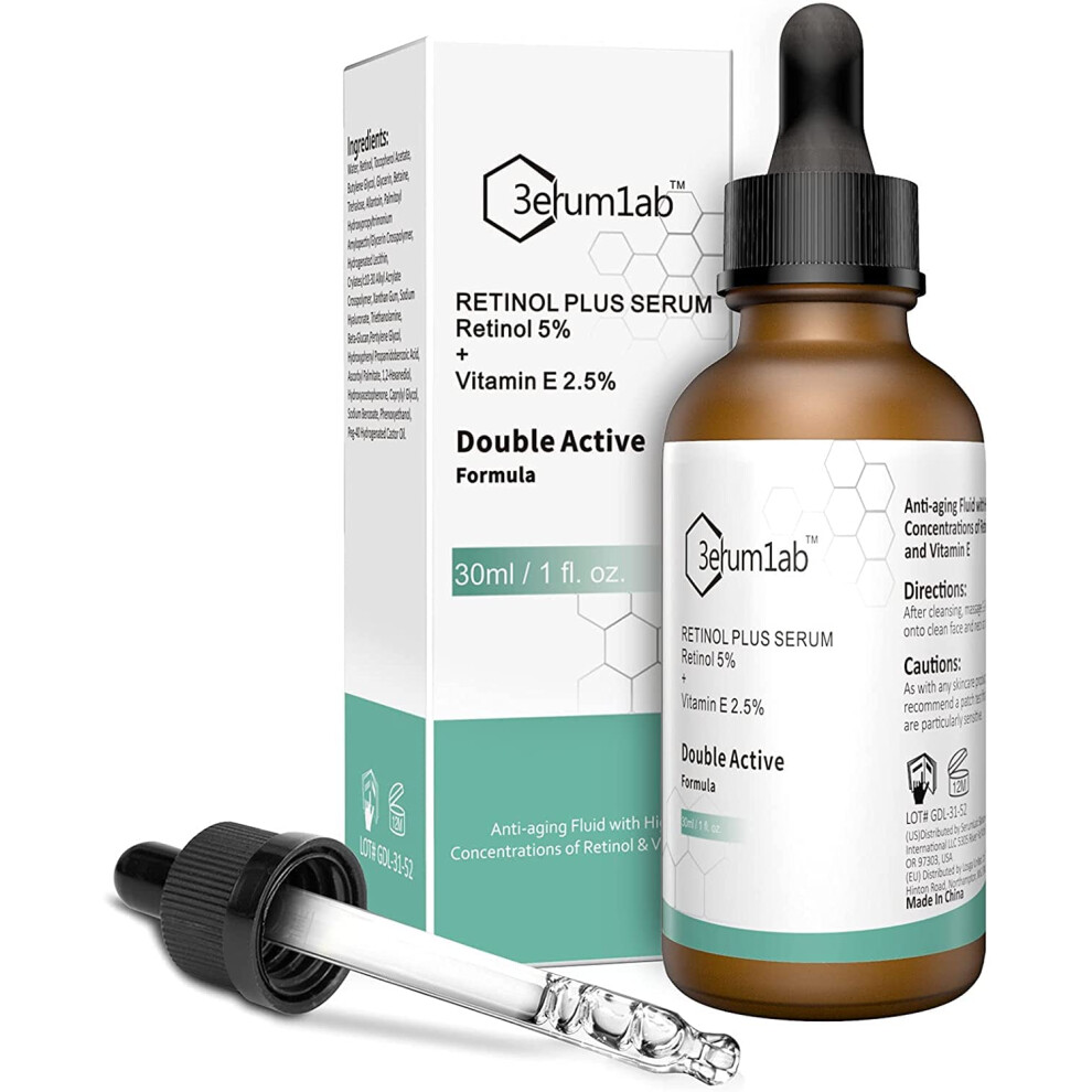 3Erum1ab Retinol Serum High Strength For Face And Skin, Unique Double Active Ingredients Of 5% Retinol & 2.5% Vitamin E, Outstanding Synthetic Effect To Reduce