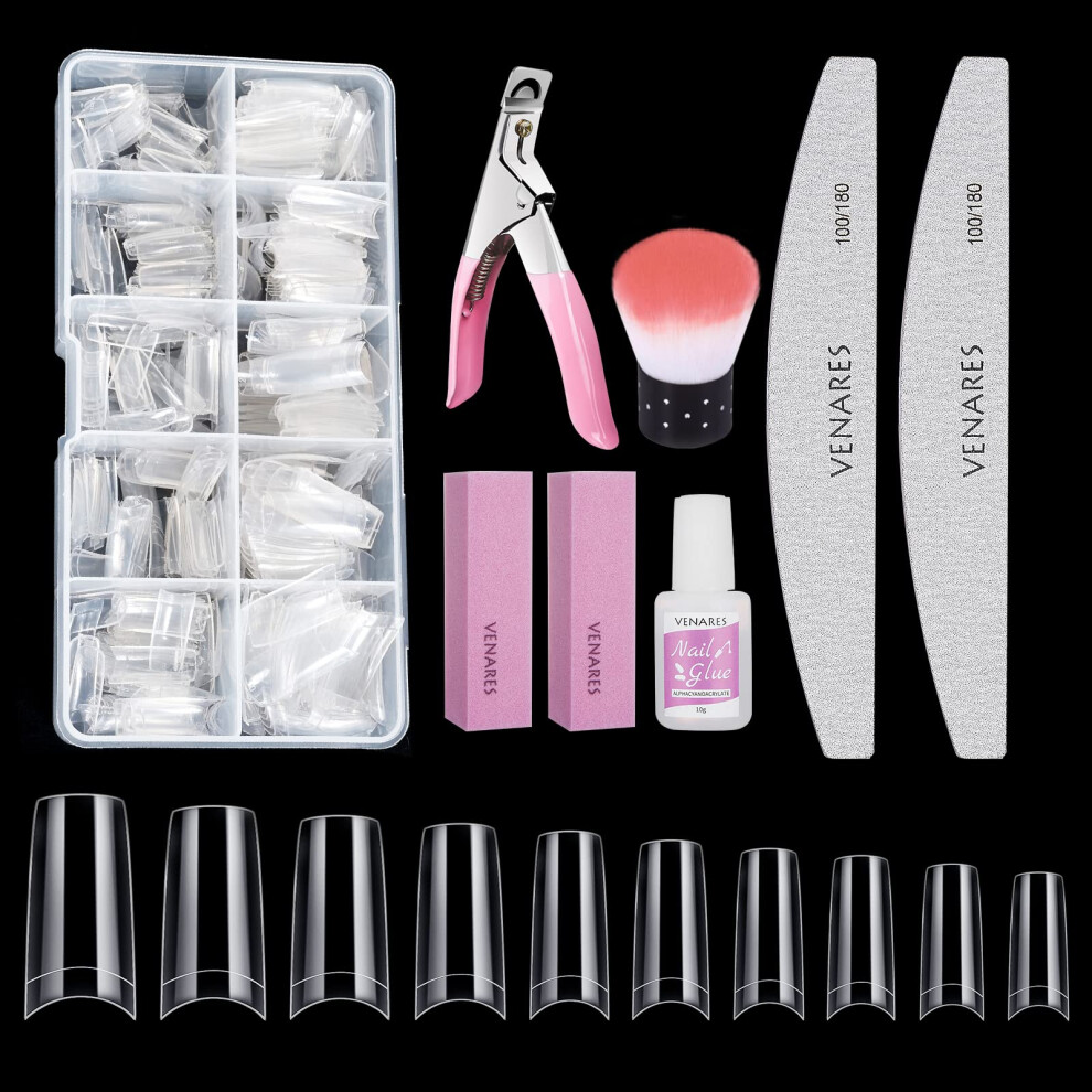 Venares Square Nail Tips, Half Fake Nails Tips Square 500Pcs 10 Size Fake Nails Short With Glue Nails Files Nail Buffer Blocks Nail Brush Nail