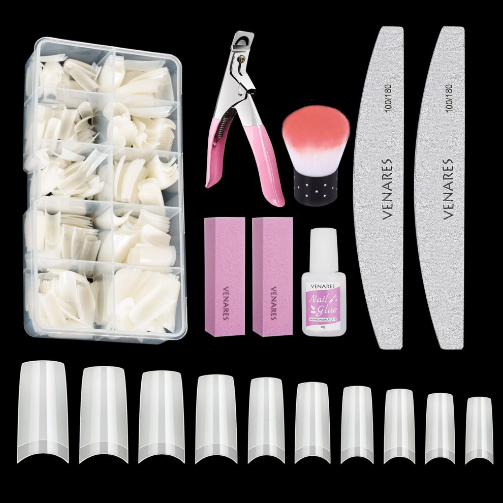 Venares Nail Tips And Glue, Fake Nail Tips Oval 500Pcs 10 Size French Tip False Nails With Glue Nails Files Nail Buffer Blocks Nail Brush Nail