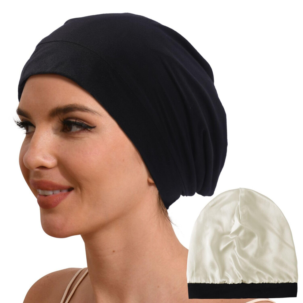 Hat Hut Unisex Black 100% Mulberry Silk Lined Sleep Cap Pure Silk Bonnet For Curly Hair Wrap Bonnet For Sleeping Slouchy Beanie (Black)