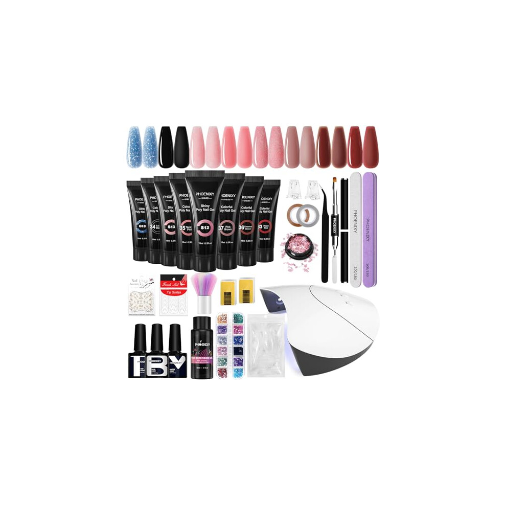 Phoenixy Poly Nail Gel Kit, 8 Colors 15Ml Poly Nail Gel Set With Nail Lamp Poly Nail Builder Extension Gel Nail Kit, Slip Solution And Base Top Coat