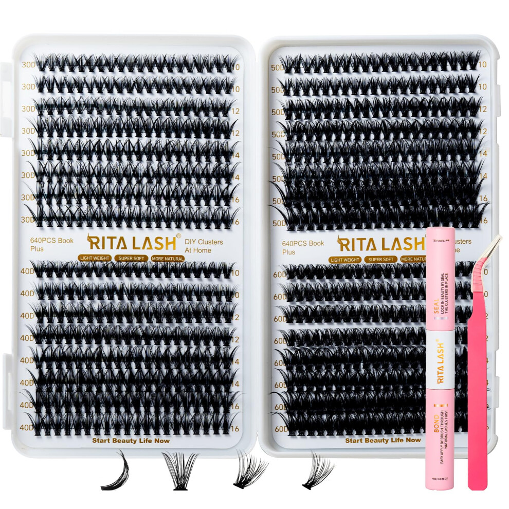 Ritalash Lash Extension Kit Diy 640Pcs Lash Clusters Eyelash Extension Kit, 10-16Mm Individual Lashes Kit With Lash Bond And Seal, Lash Tweezers For