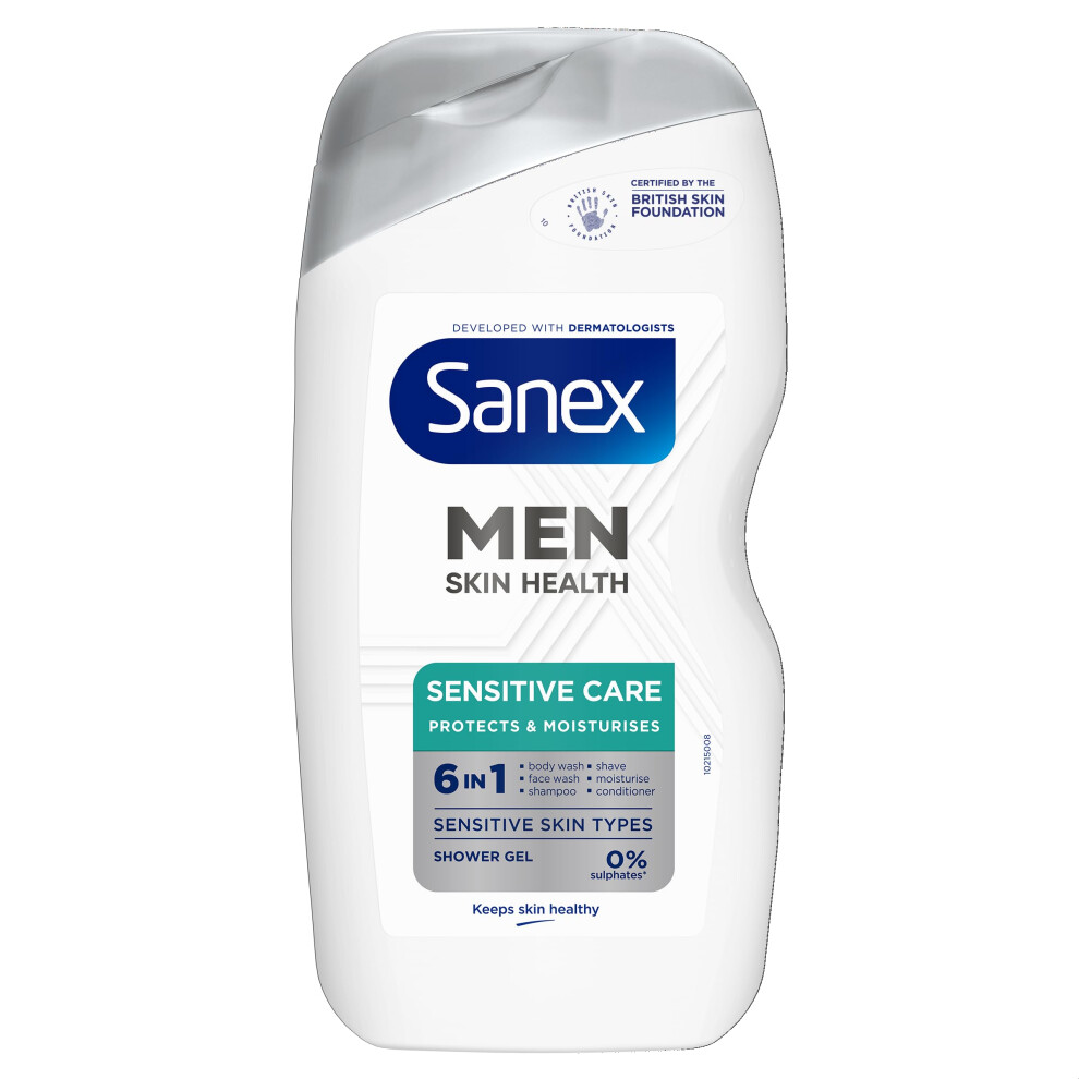 Sanex Men Skin Health Sensitive Care Shower Gel 400ml x 6 - men?s body wash - protects skin - helps reduce risk of irritation - enhances natural-image-OPC-PMXVK65-NEW
