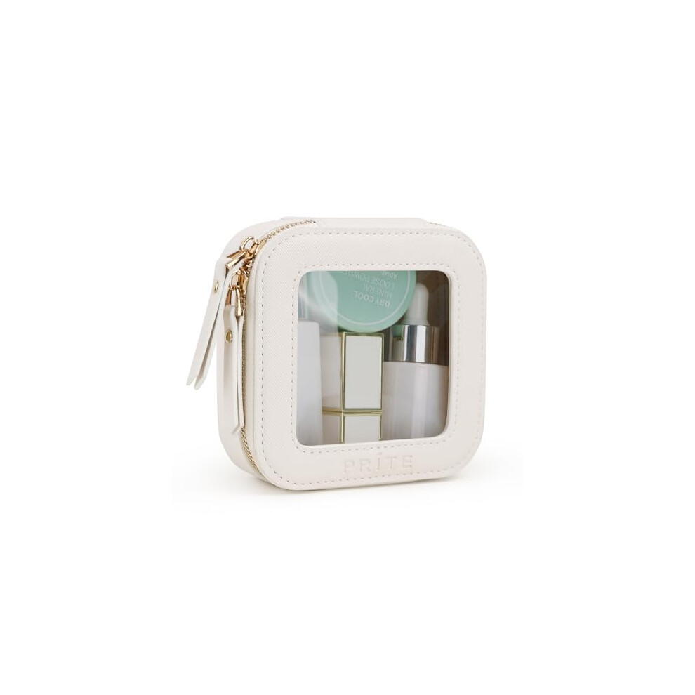 Prite Beige Small Clear Makeup Bag With Gift Box Mini Cosmetic Case Waterproof Travel Toiletry Pouch Car Essentials With Double Zippers (Beige)