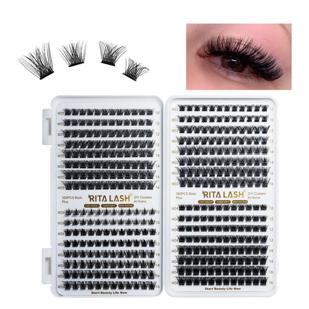 Ritalash 384Pcs 4 Style Cluster Lashes Book Individual Lashes Clusters Eyelash Extensions False Eyelashes Diy Wispy Fluffy Lash Extension Kit Natural
