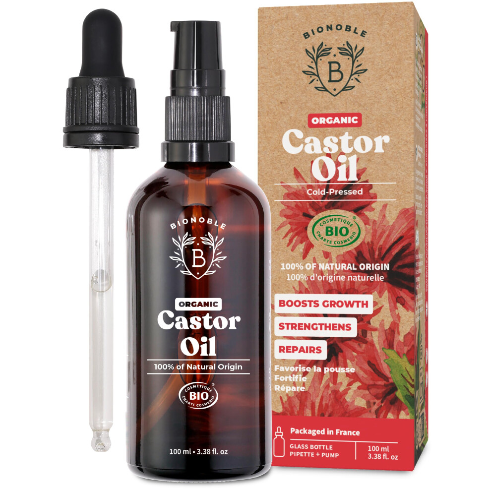 Bionoble Castor Oil Organic And Cold Pressed - Glass Bottle, Pipette And Pump - Vegan And Hexane Free Organic Castor Oil - Hair Growth Oil, Lash