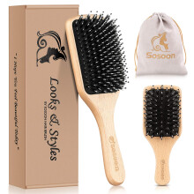 Hair Brush Set, Sosoon Boar Bristle Paddle Hairbrush for Women Men Kids Reducing Frizzy, No More Tangle, Small Travel Brush Tail Comb & Giftbox