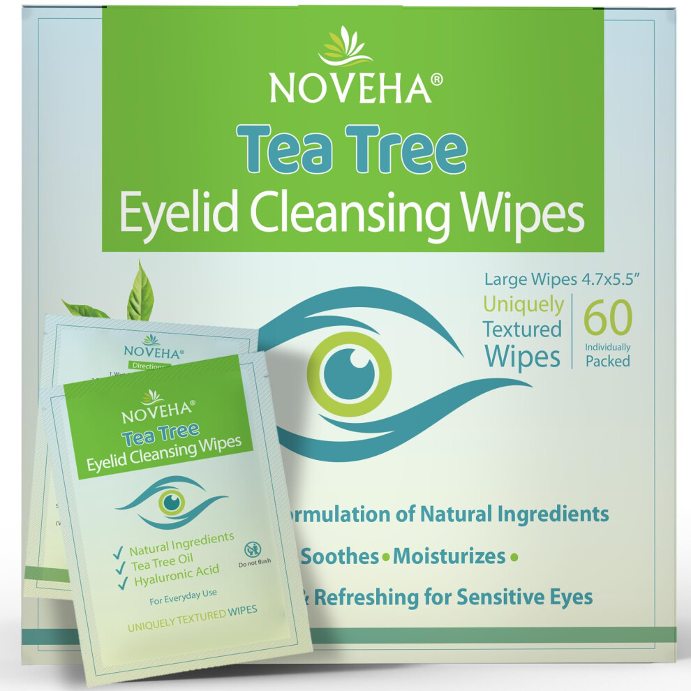 Noveha Green Tea Tree Oil Eyelid & Lash Wipes | With Hyaluronic Acid, Tea & Chamomile For Blepharitis & Itchy Eyes, Box Of 60 Individually Wrapped Eyelash